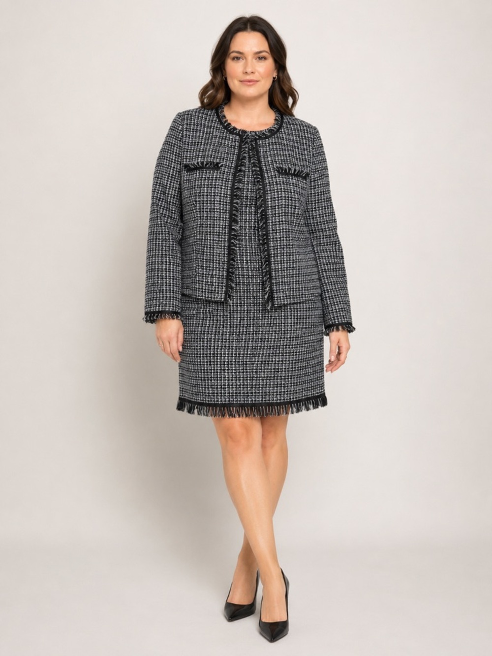 Laundry‎ by Shelli Segal Tweed Shift Dress Blazer 2 Piece Set Gray Black Size 12